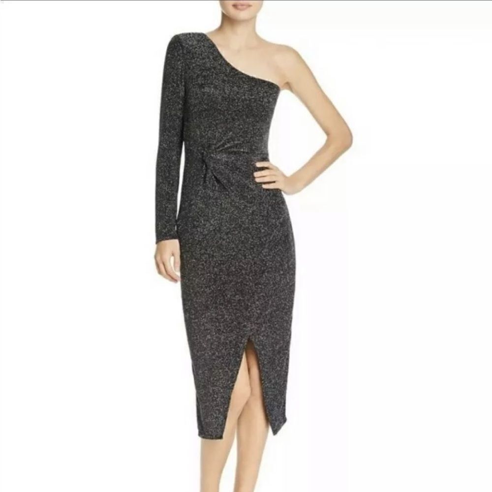Bardot Black Metallic Faux Wrap Midi Dress One Sleeve‎ Size US Large NWT
